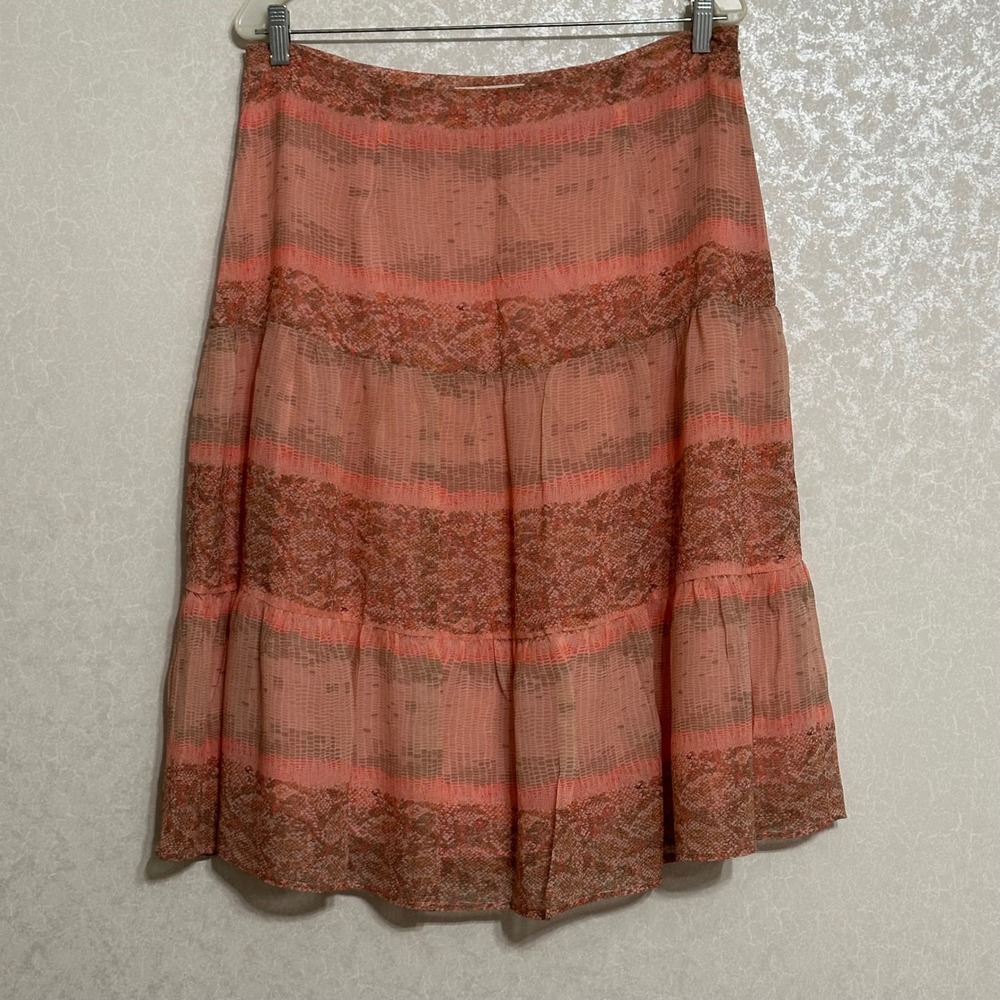 Susan Bristol Vintage Silk Pink Snake Print Tiered Midi A-Line Skirt Lined Sz 12